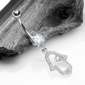 14 Karat White Gold Hamsa Hand Amulet Sparkle Belly Button Ring